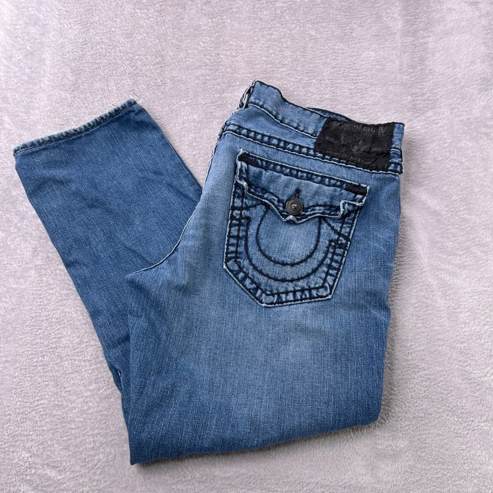 True Religion Ricky Super‎ T Jeans Size 44 Blue Mens Black Contrast Stitch USA